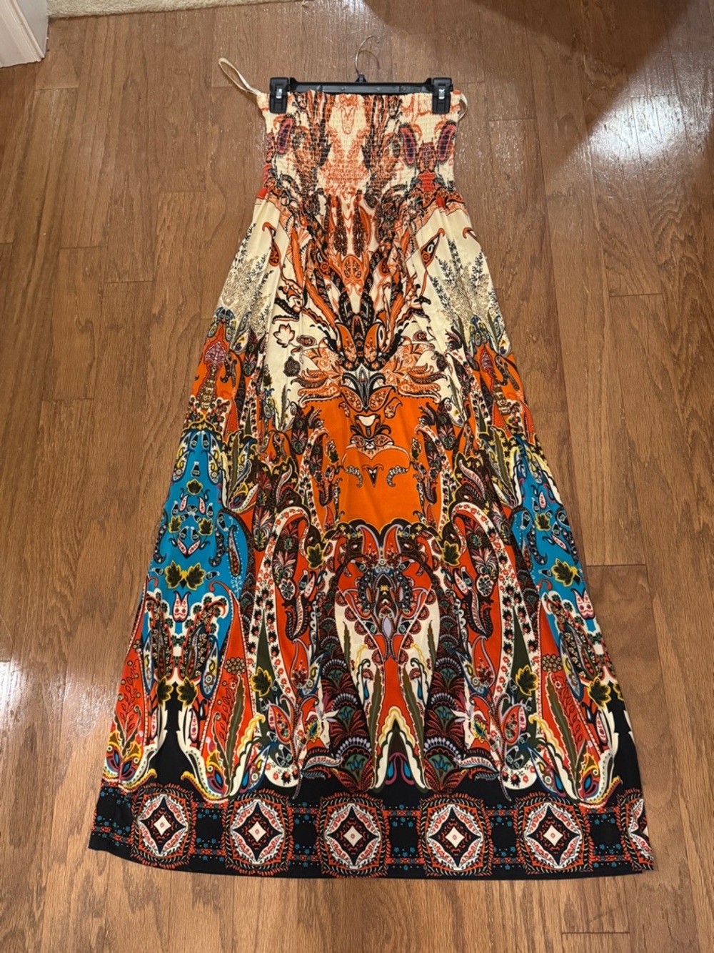 Bohemian Strapless Maxi Dress in Orange & Turquoise